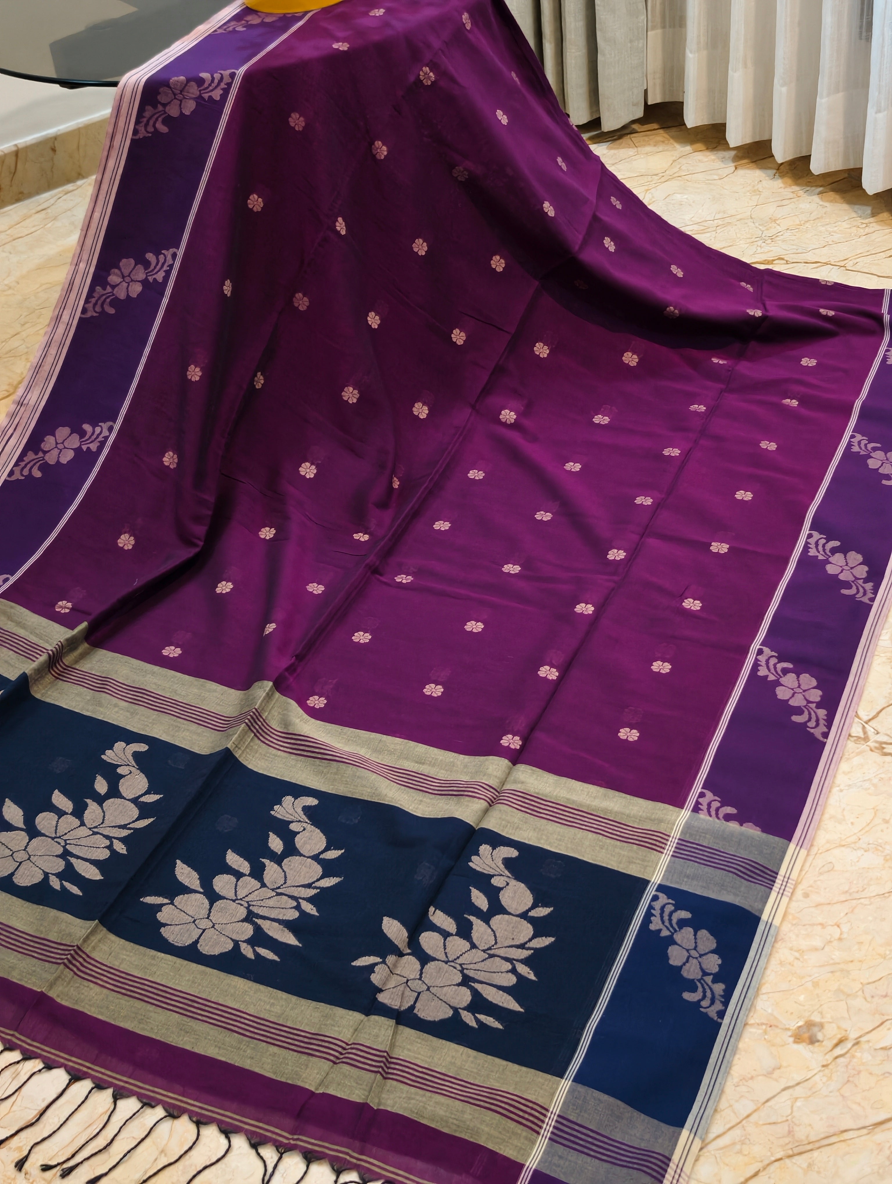 Full view of Mayurika magenta Bengal cotton saree with navy floral pallu