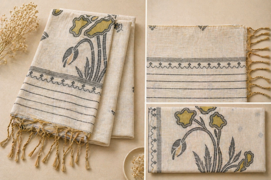 Cotton Silk Saree | Lightweight Handwoven Office Wear (Half White and Mustard)
