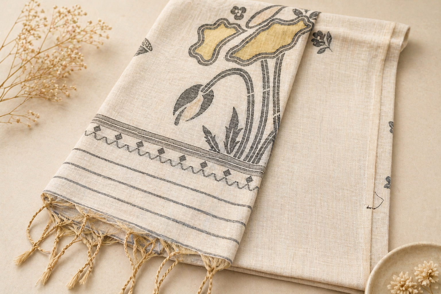 Cotton Silk Saree | Lightweight Handwoven Office Wear (Half White and Mustard)