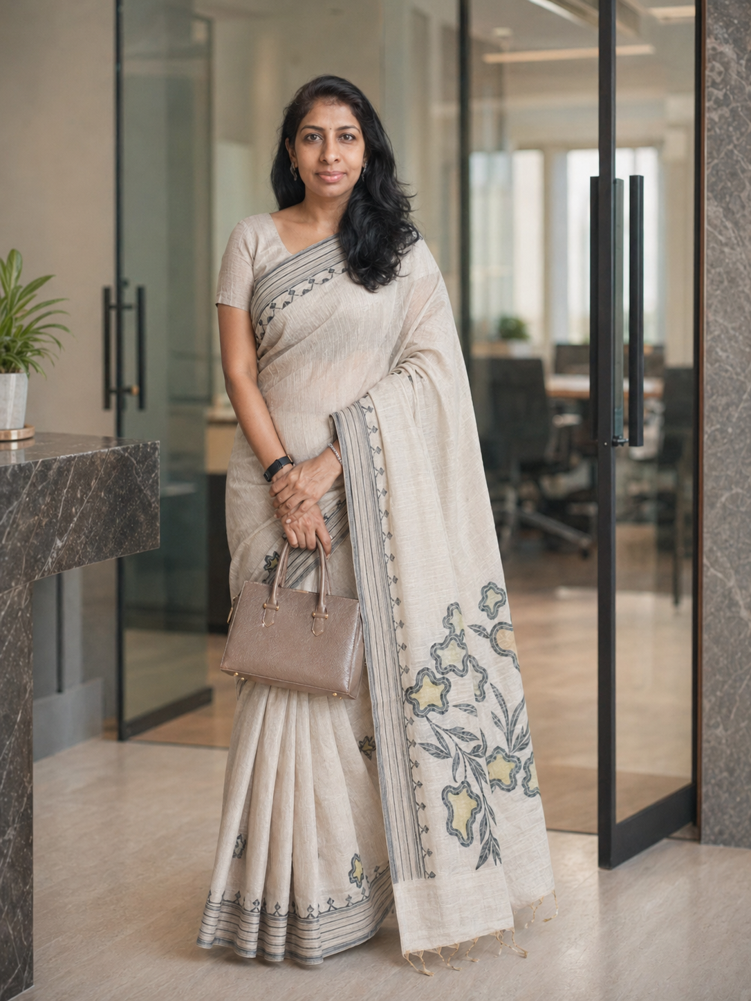 Cotton Silk Saree | Lightweight Handwoven Office Wear (Half White and Mustard)