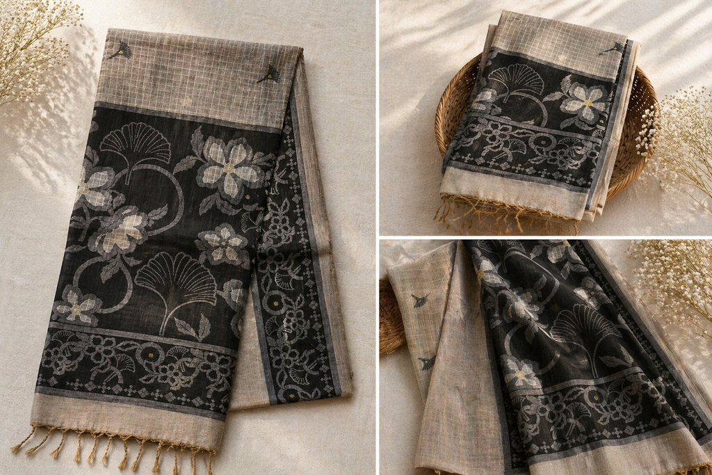 Cotton Silk Saree | Lightweight Handwoven Office Wear (Grey and Black)