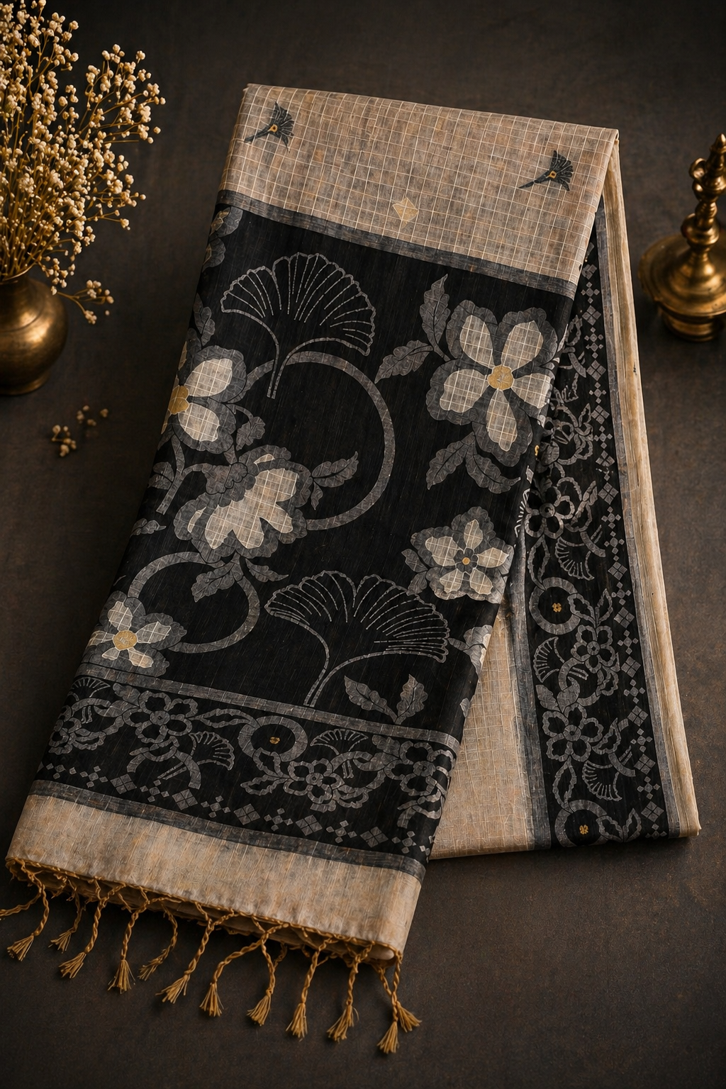 Cotton Silk Saree | Lightweight Handwoven Office Wear (Grey and Black)