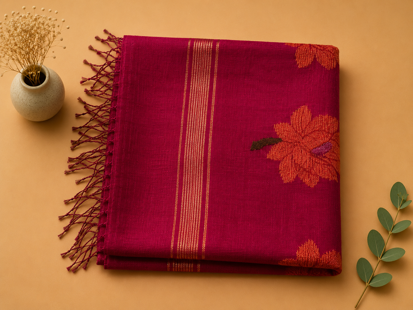 Matka Muslin Jamdani - Dark pink with flower
