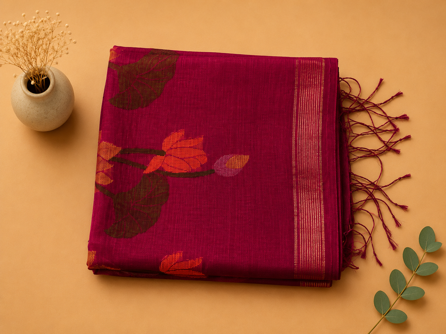 Matka Muslin Jamdani - Dark pink with flower