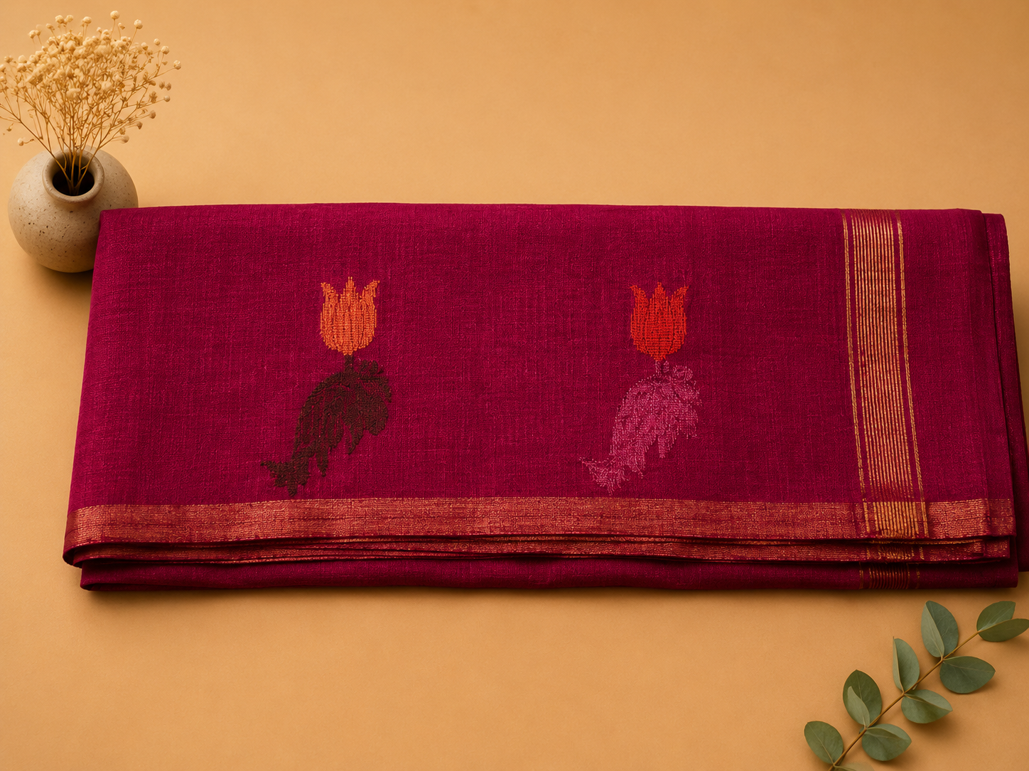 Matka Muslin Jamdani - Dark pink with flower