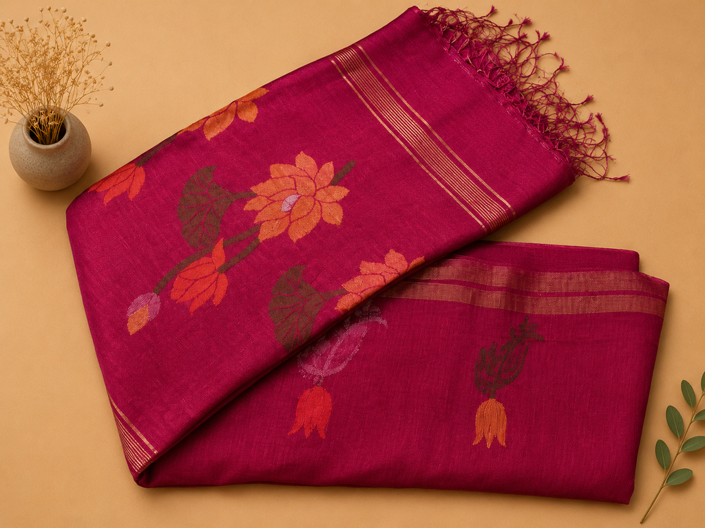 Matka Muslin Jamdani - Dark pink with flower