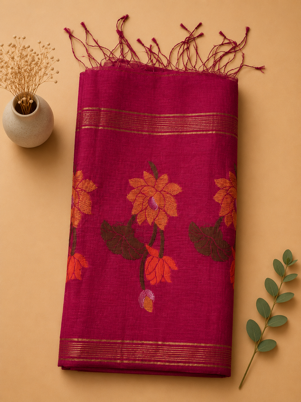 Matka Muslin Jamdani - Dark pink with flower