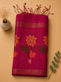 Gulabi Gulzaar dark pink Matka Silk Jamdani saree with floral motifs and gold zari border