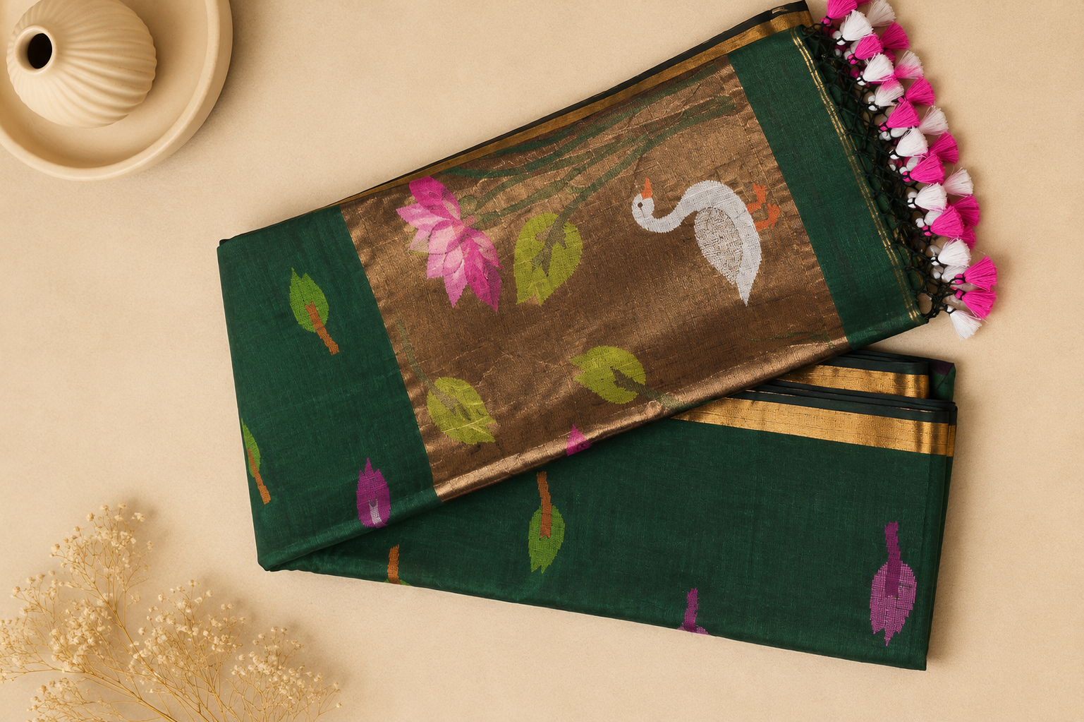 Linen Silk Jamdani - Beautiful green