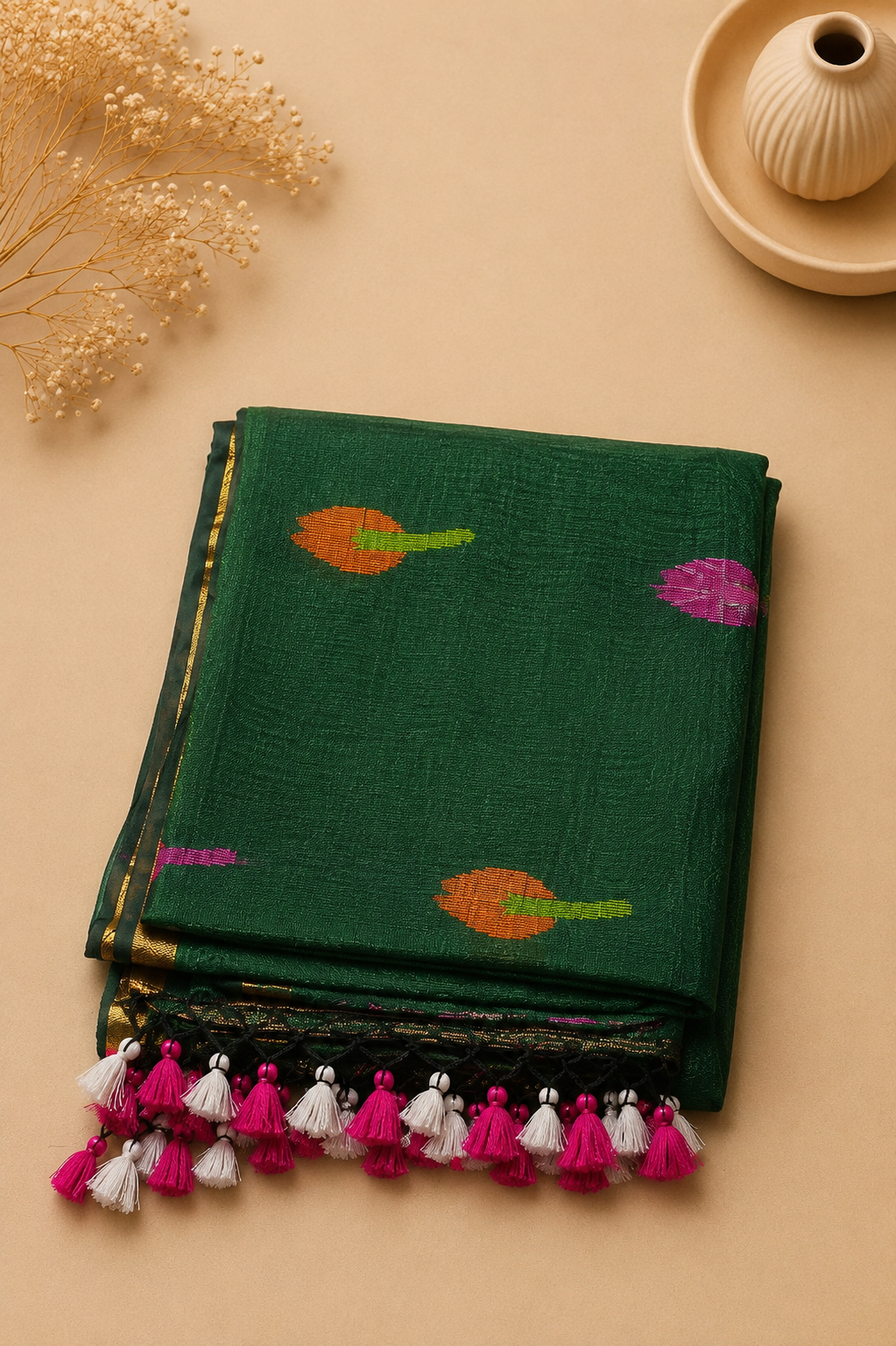 Linen Silk Jamdani - Beautiful green