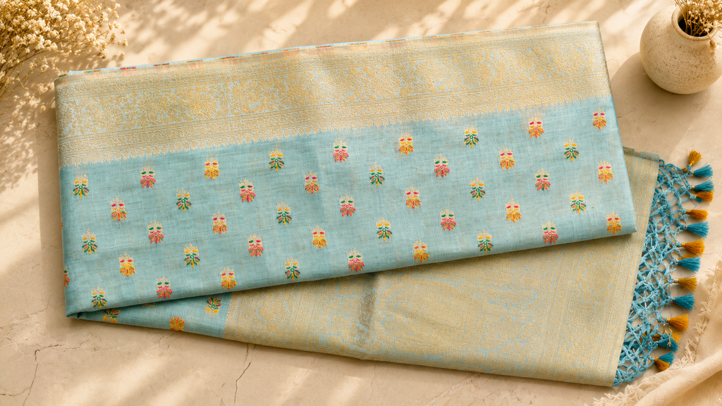 Assam Tussar Silk Saree (Turquoise) | Handwoven Traditional Ethnic Wear