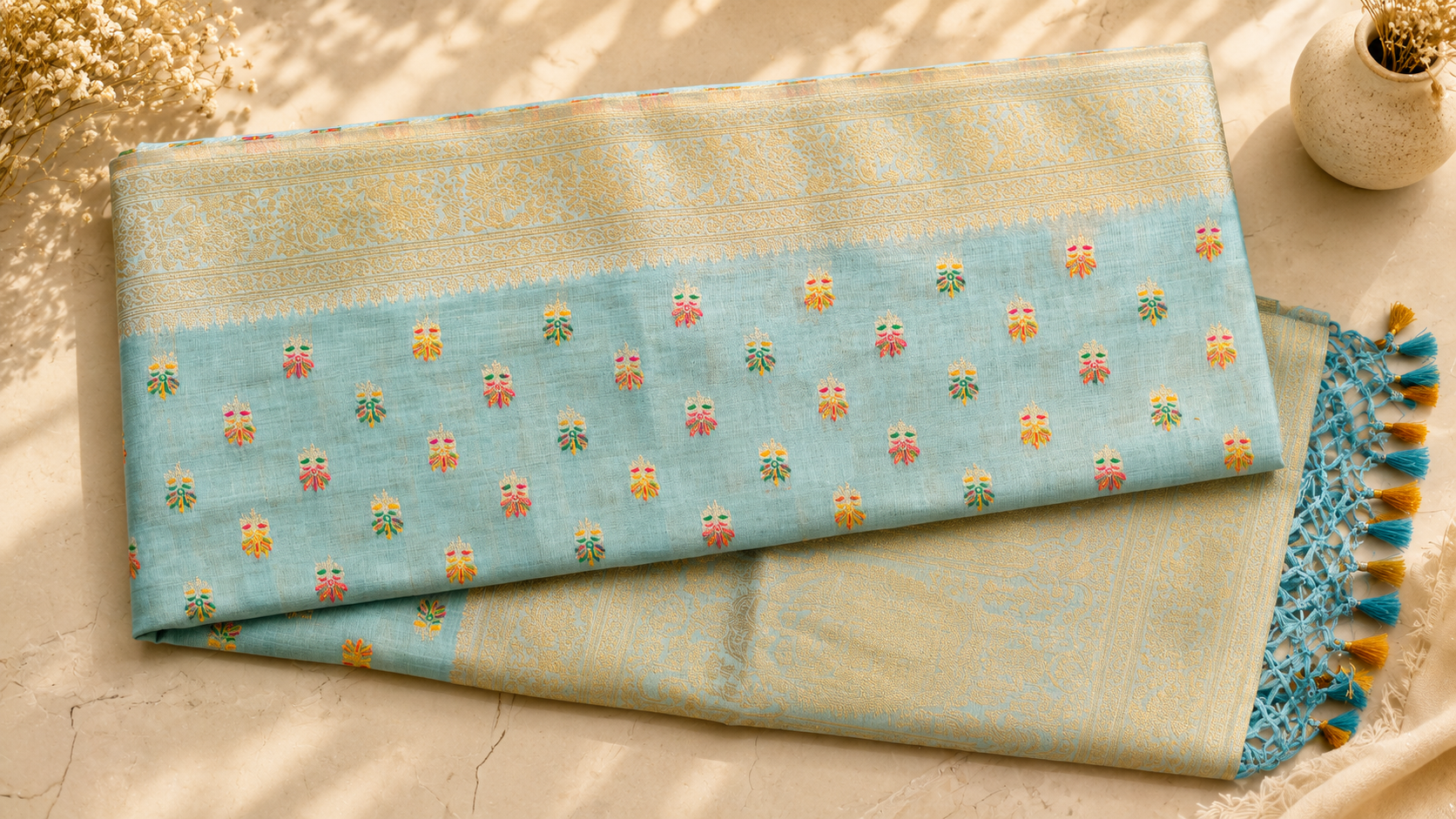 Assam Tussar Silk Saree (Turquoise) | Handwoven Traditional Ethnic Wear