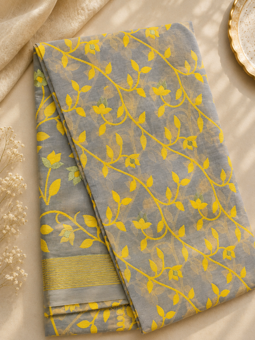 Jamdani Cotton Saree (Grey & Yellow) | Handwoven Heritage Ethnic Wear