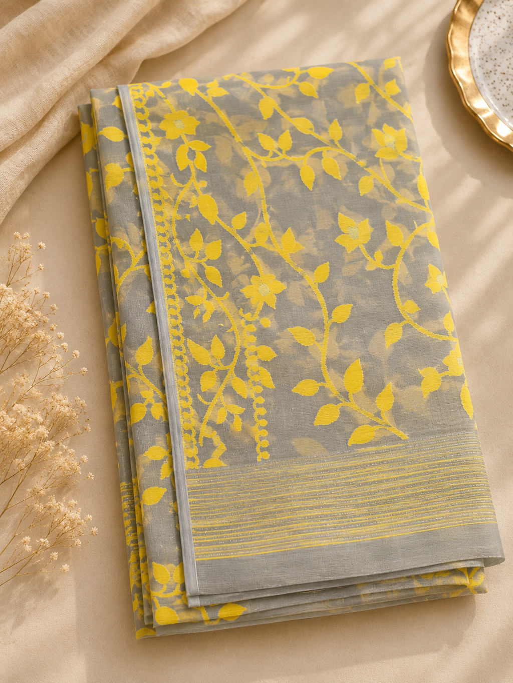Jamdani Cotton Saree (Grey & Yellow) | Handwoven Heritage Ethnic Wear