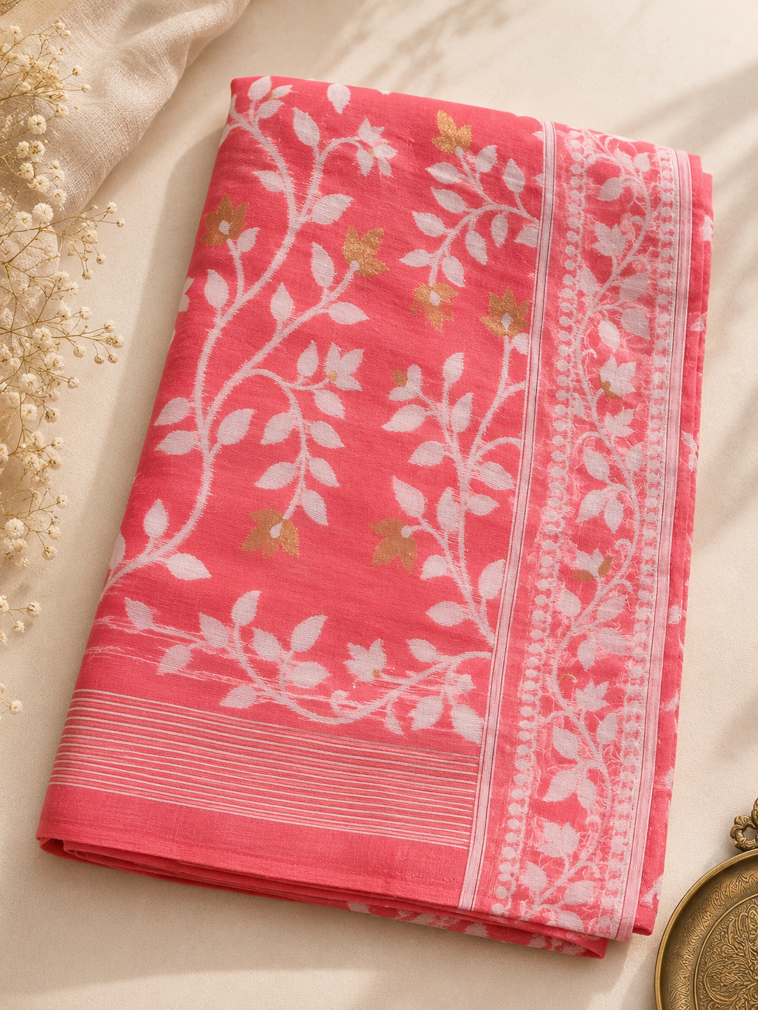Jamdani Cotton Saree (Coral) | Handwoven Heritage Ethnic Wear