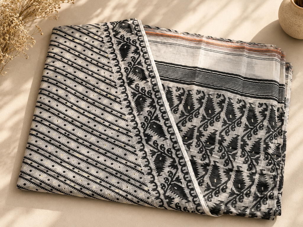 Jamdani Soft Cotton Saree (Black & White) | Handwoven Heritage Ethnic Wear