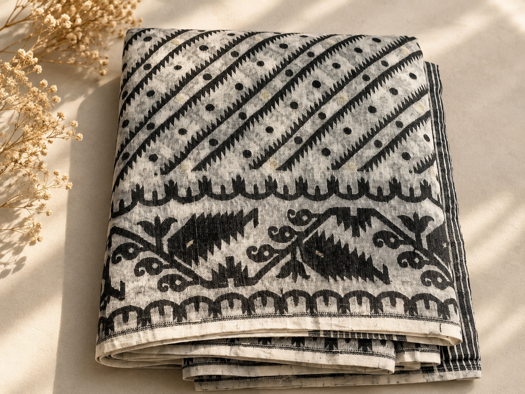 Jamdani Soft Cotton Saree (Black & White) | Handwoven Heritage Ethnic Wear