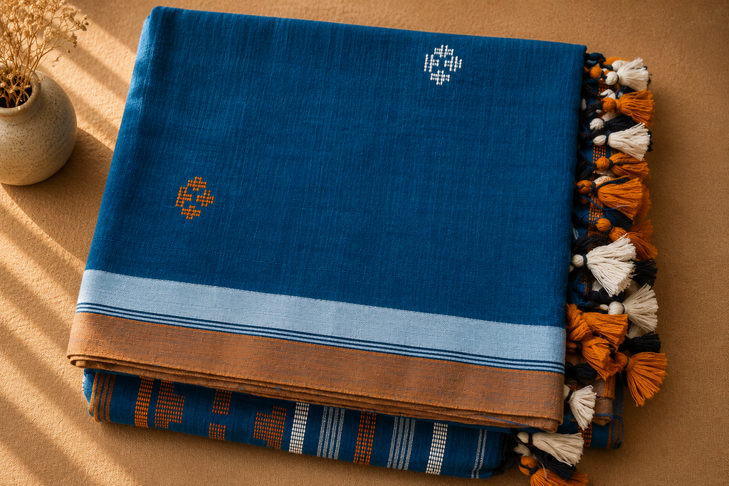 Bangladeshi Cotton Saree (Blue) | Handwoven Everyday Ethnic Wear