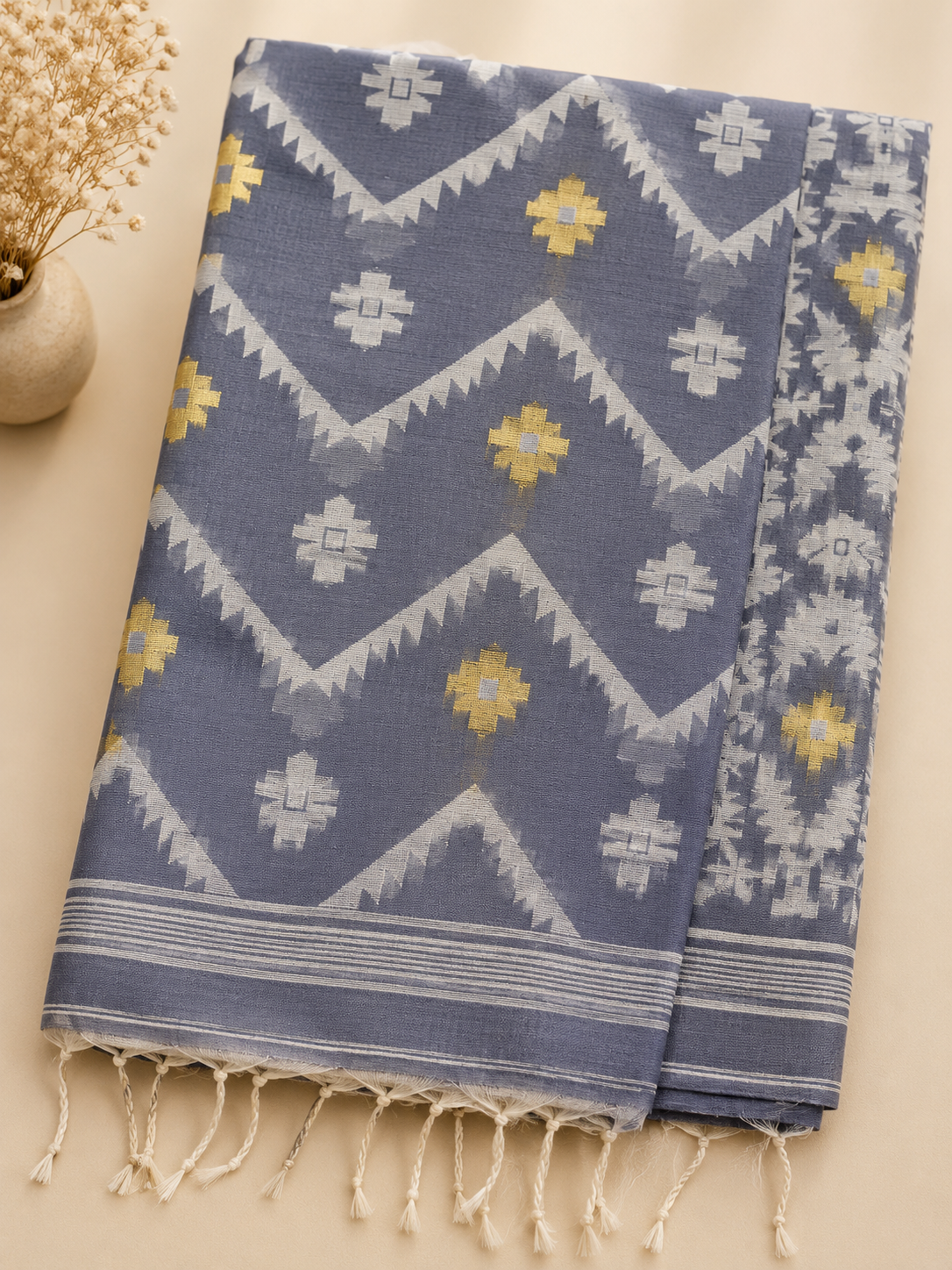 Pure Jamdani Cotton Saree | Handloom Everyday Wear (Grey)