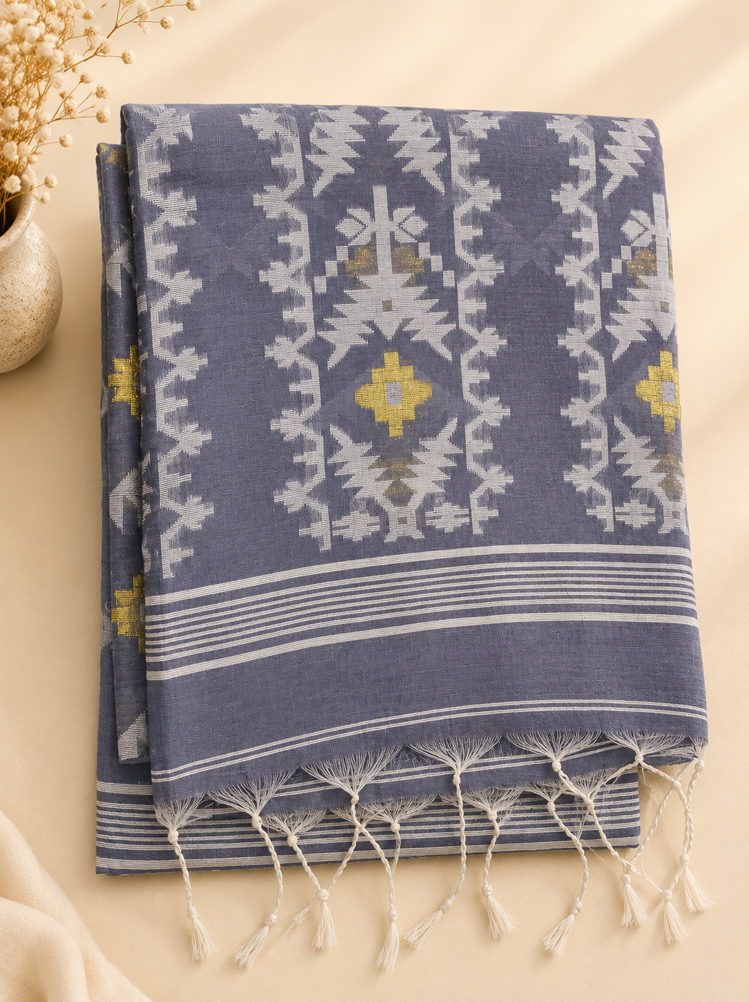 Pure Jamdani Cotton Saree | Handloom Everyday Wear (Grey)