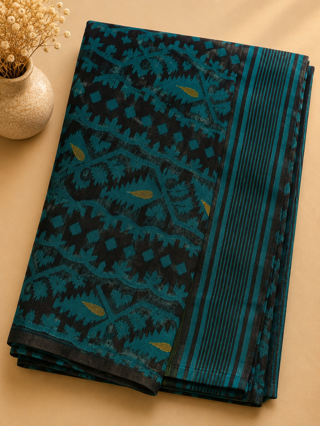 Jamdani Soft Cotton Saree (Black & Green) | Handwoven Heritage Ethnic Wear