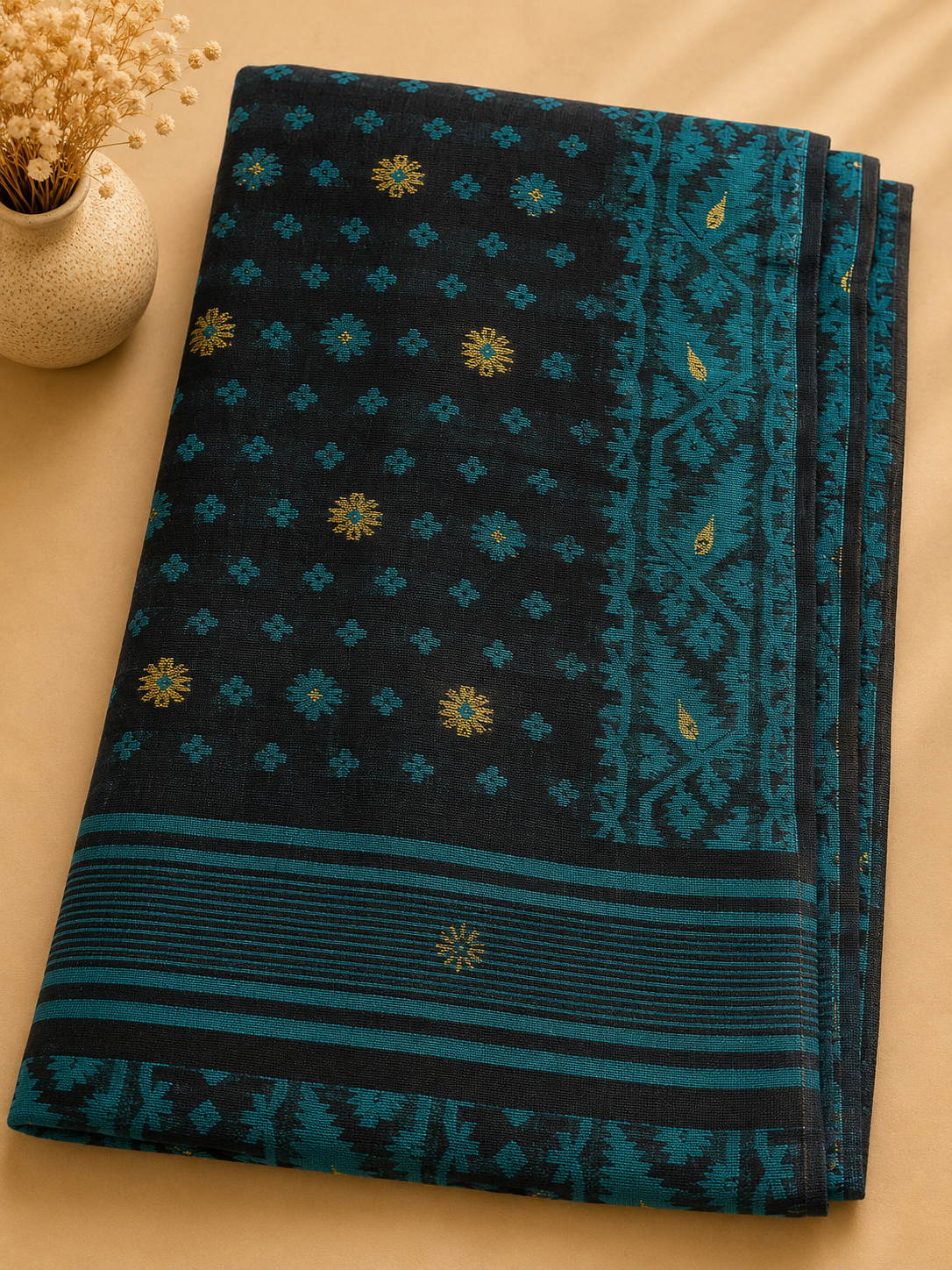 Jamdani Soft Cotton Saree (Black & Green) | Handwoven Heritage Ethnic Wear