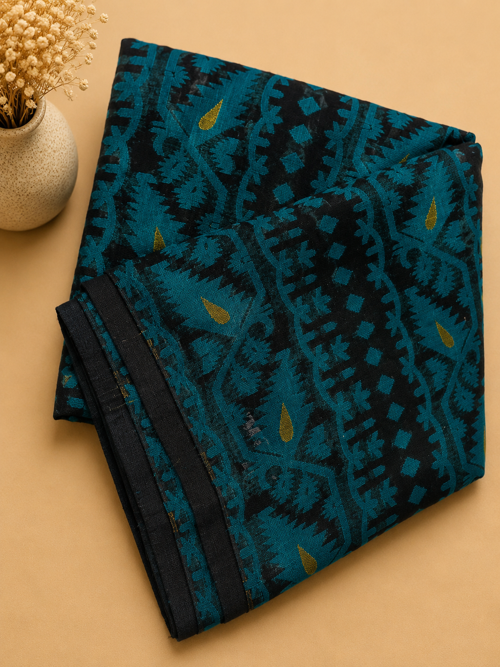 Jamdani Soft Cotton Saree (Black & Green) | Handwoven Heritage Ethnic Wear