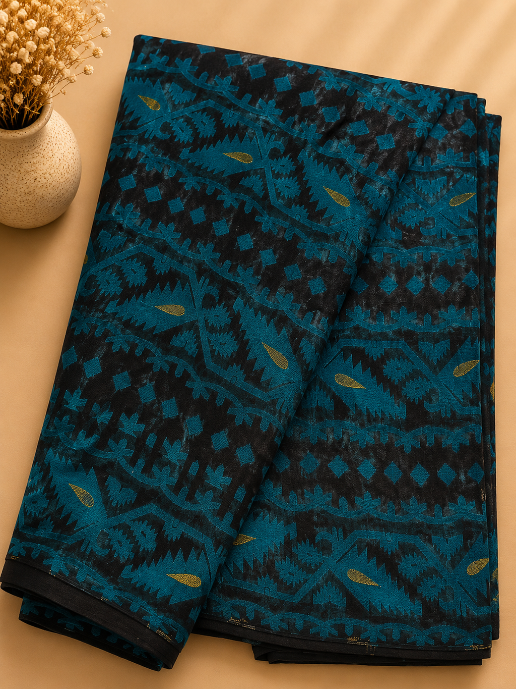 Jamdani Soft Cotton Saree (Black & Green) | Handwoven Heritage Ethnic Wear