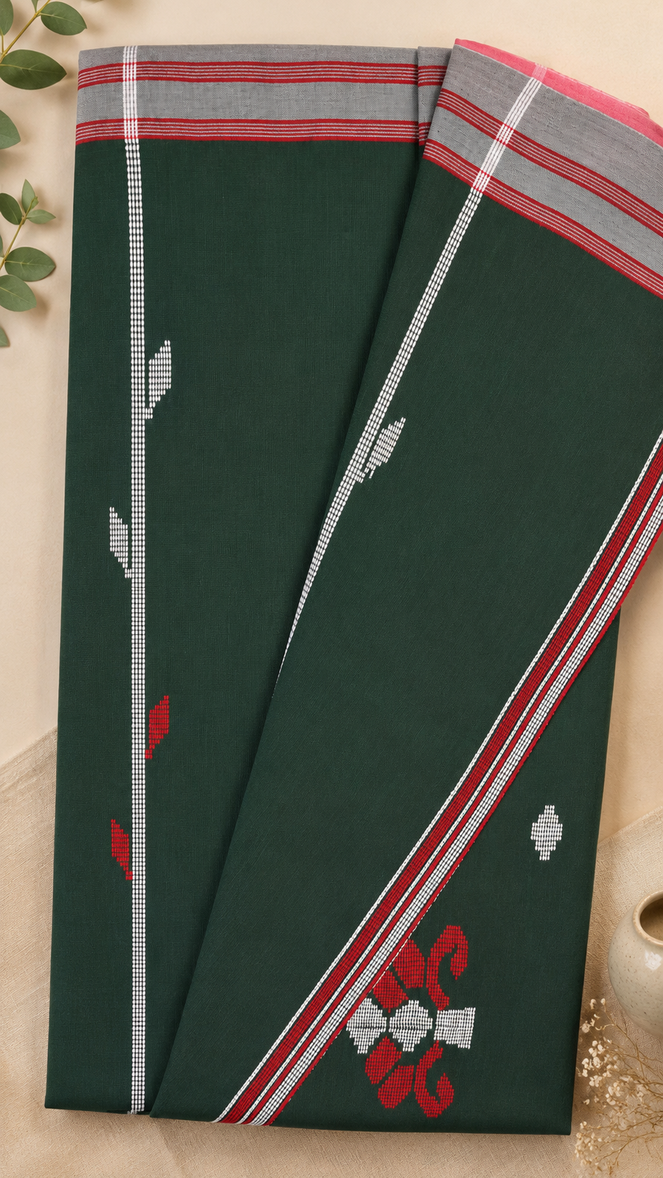 Bangladeshi Cotton Sarees (Green & White)