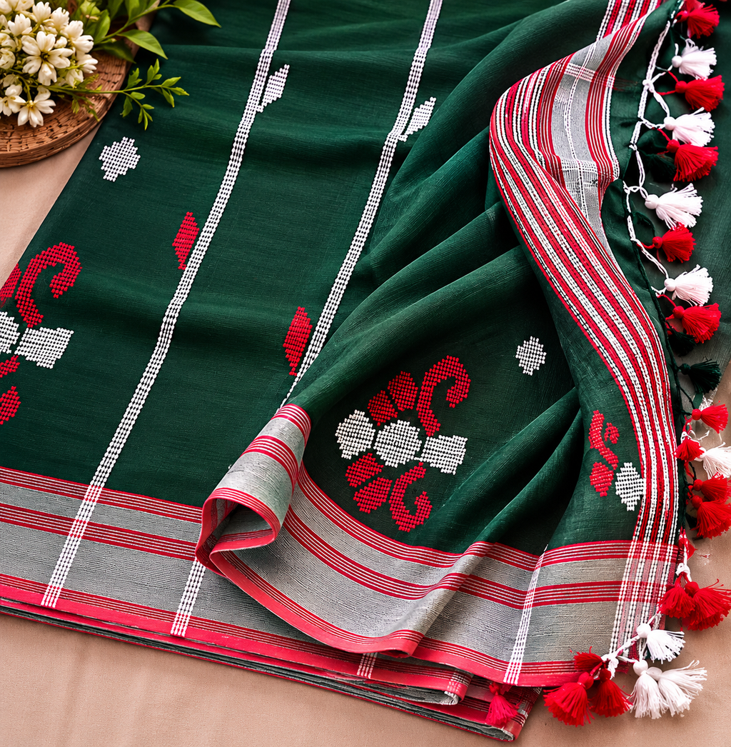 Bangladeshi Cotton Sarees (Green & White)
