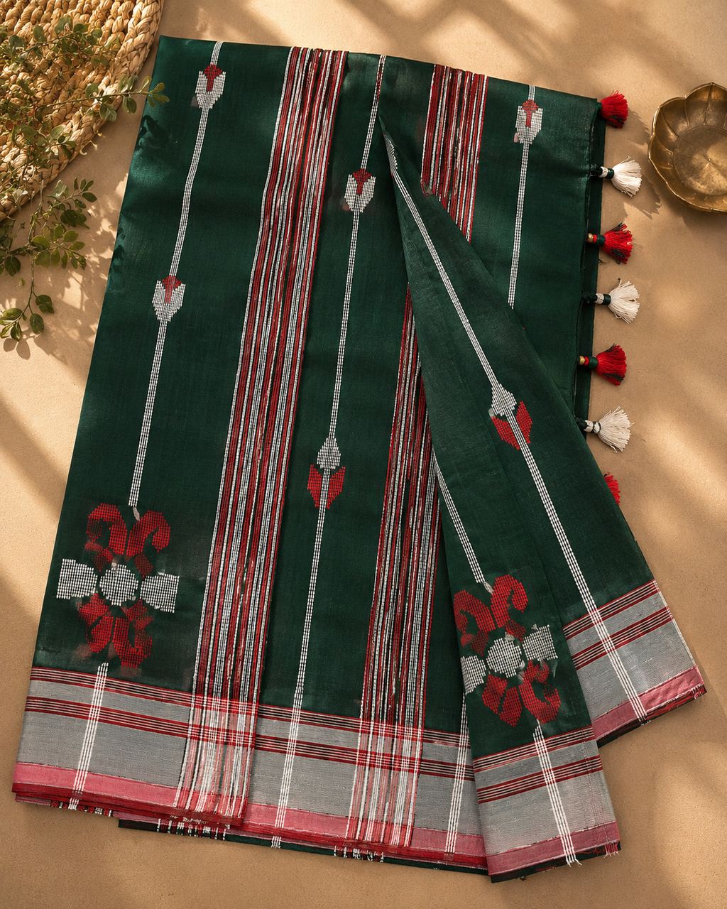 Bangladeshi Cotton Sarees (Green & White)
