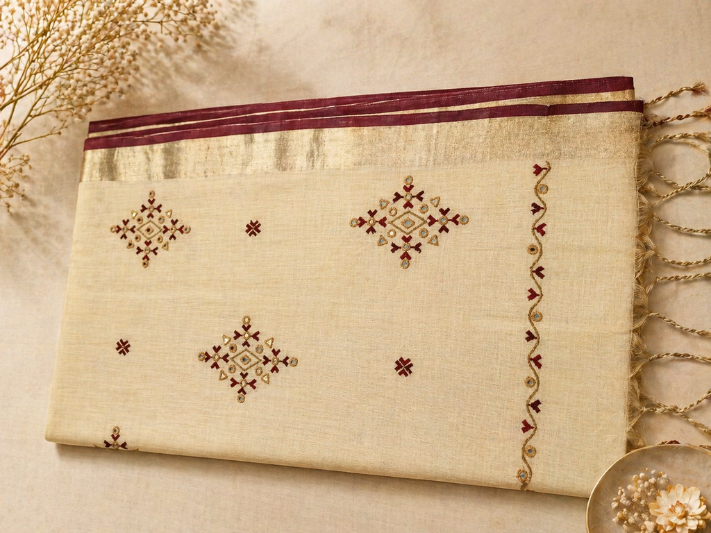 Linen Cotton Saree (Creme & Red)