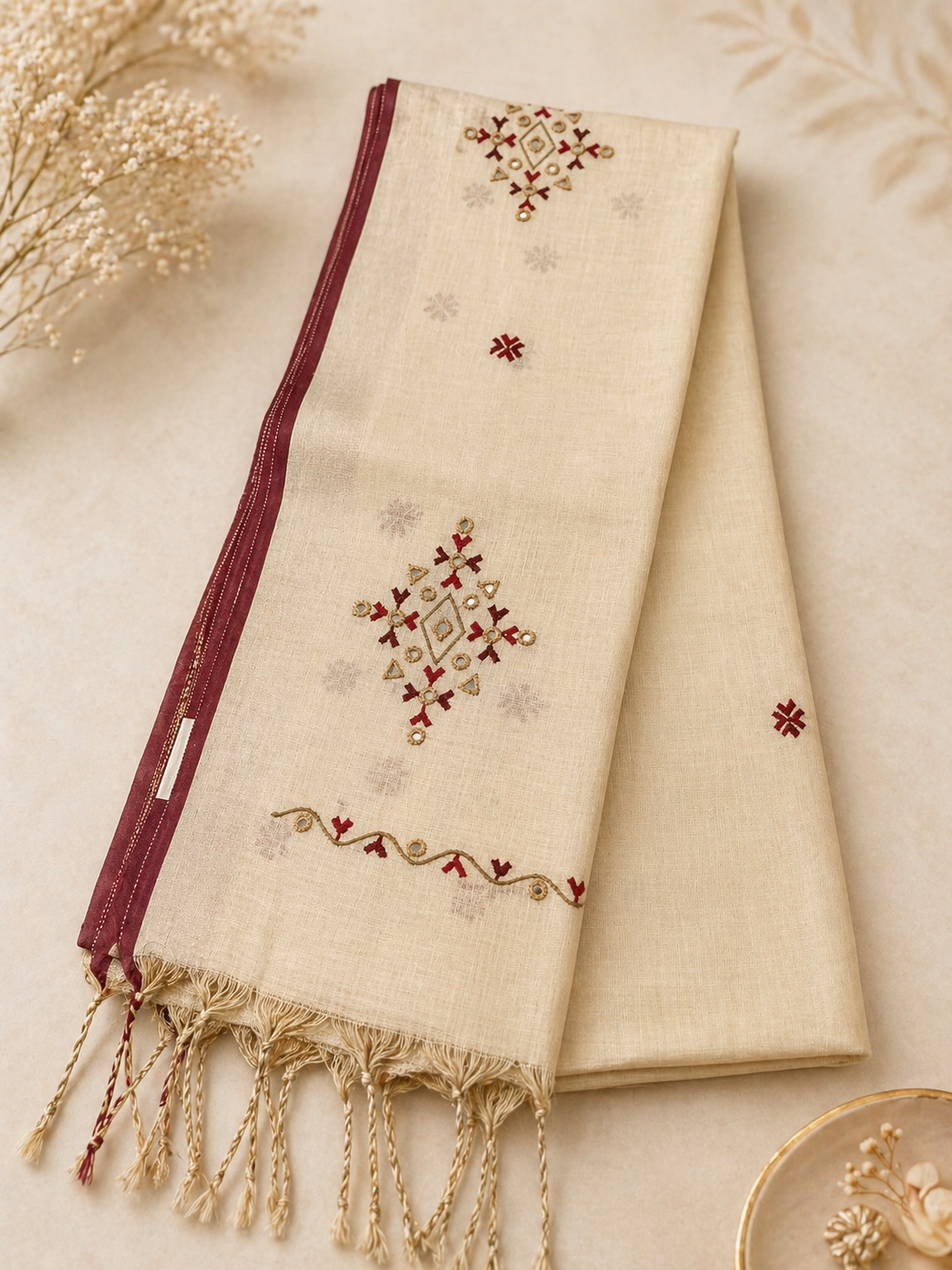 Linen Cotton Saree (Creme & Red)