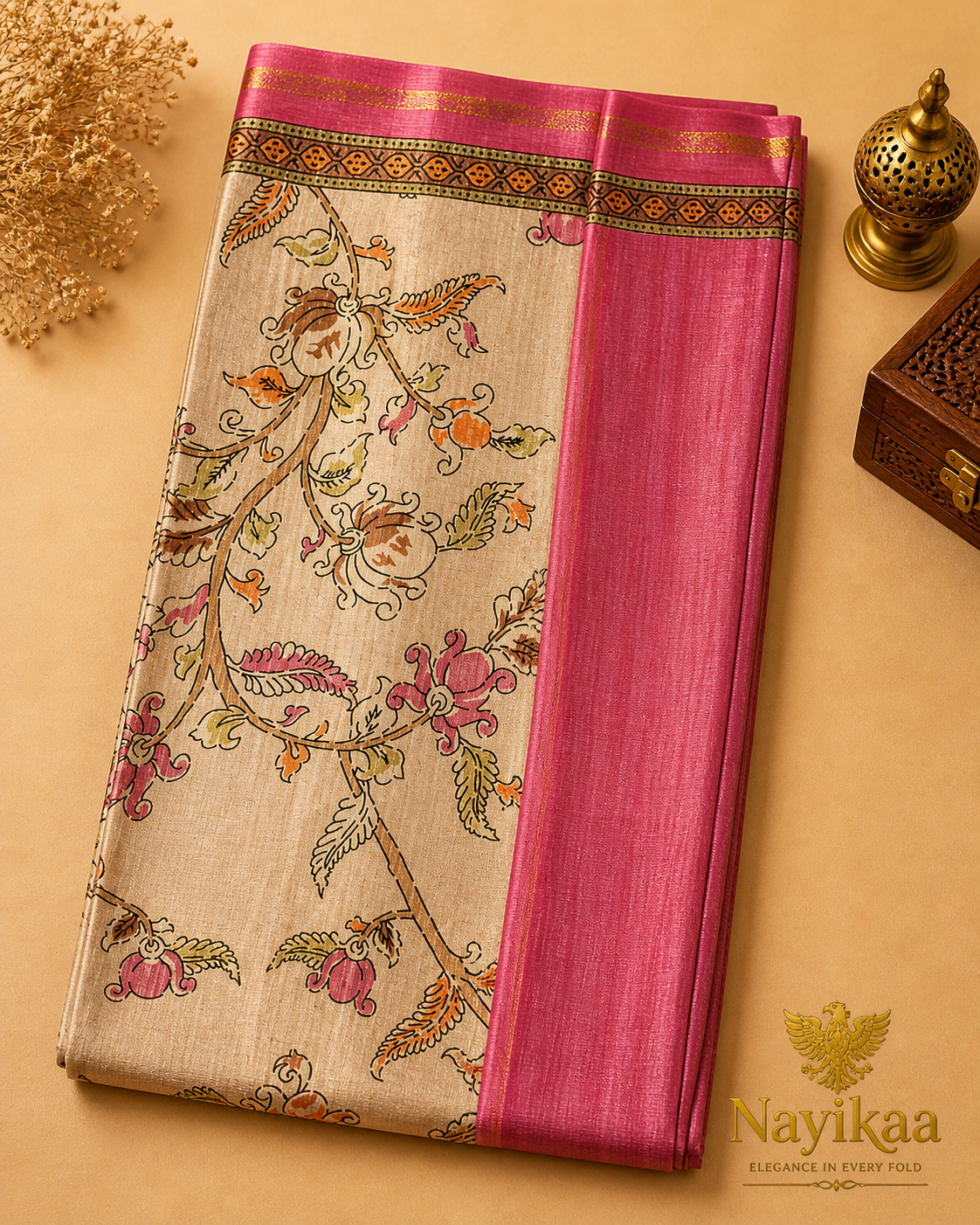 Semi Tussar Saree - Snapdragon (Pink & Creme)