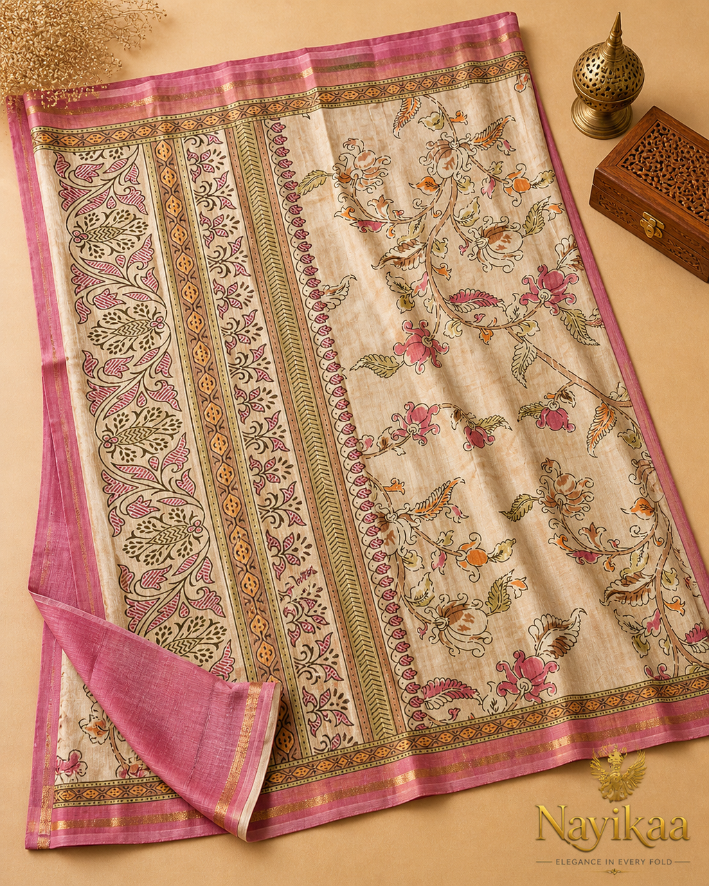 Semi Tussar Saree - Snapdragon (Pink & Creme)