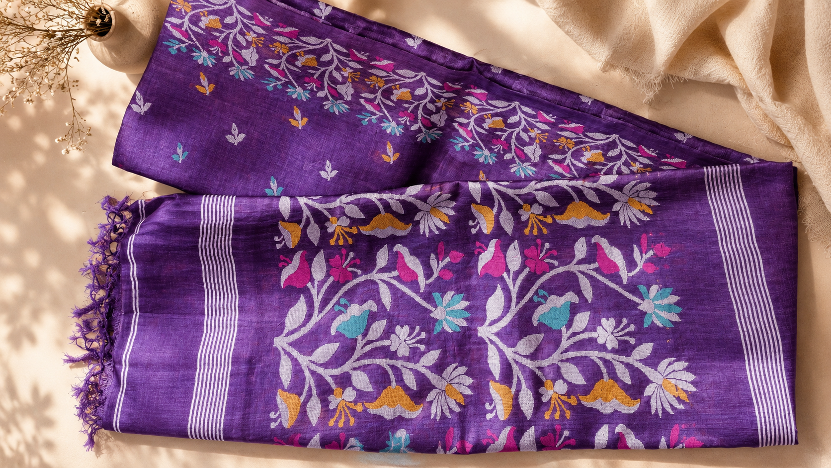 Pure Jamdani Tussar Silk Saree (Purple)