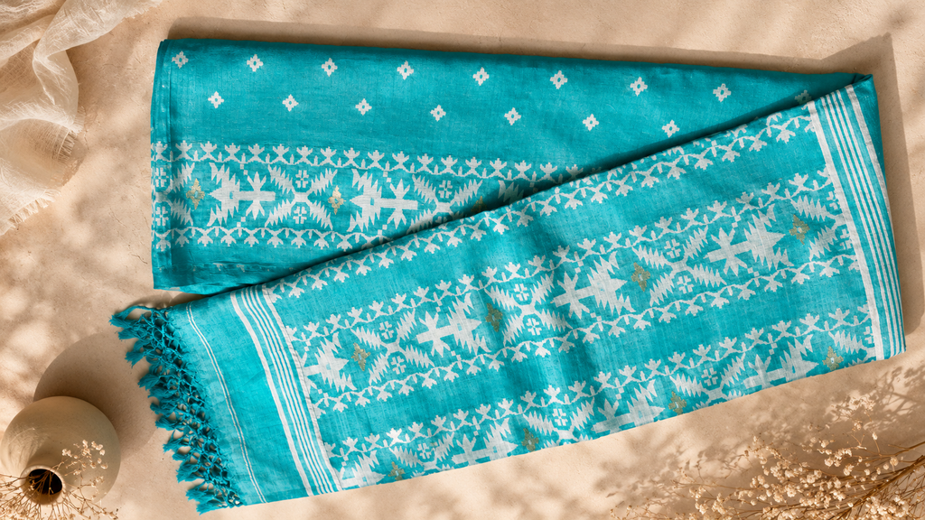 Pure Jamdani Tussar Silk Saree (Turquoise)