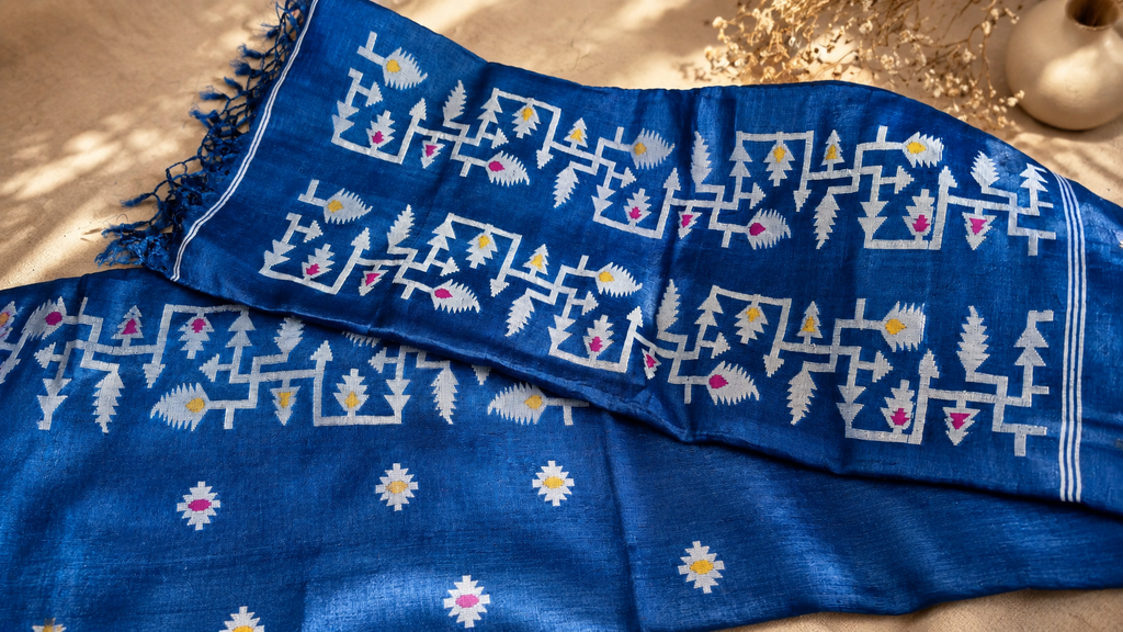 Pure Jamdani Tussar Silk Saree (Blue)