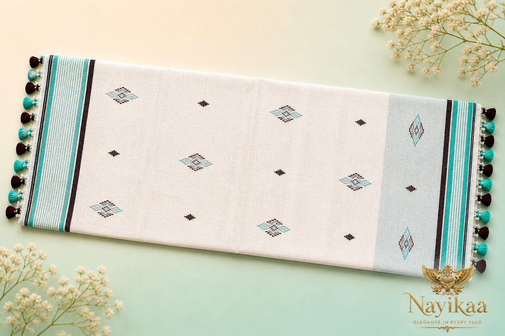 Bangladeshi Cotton Saree (White & Turquoise) | Handwoven Everyday Ethnic Wear