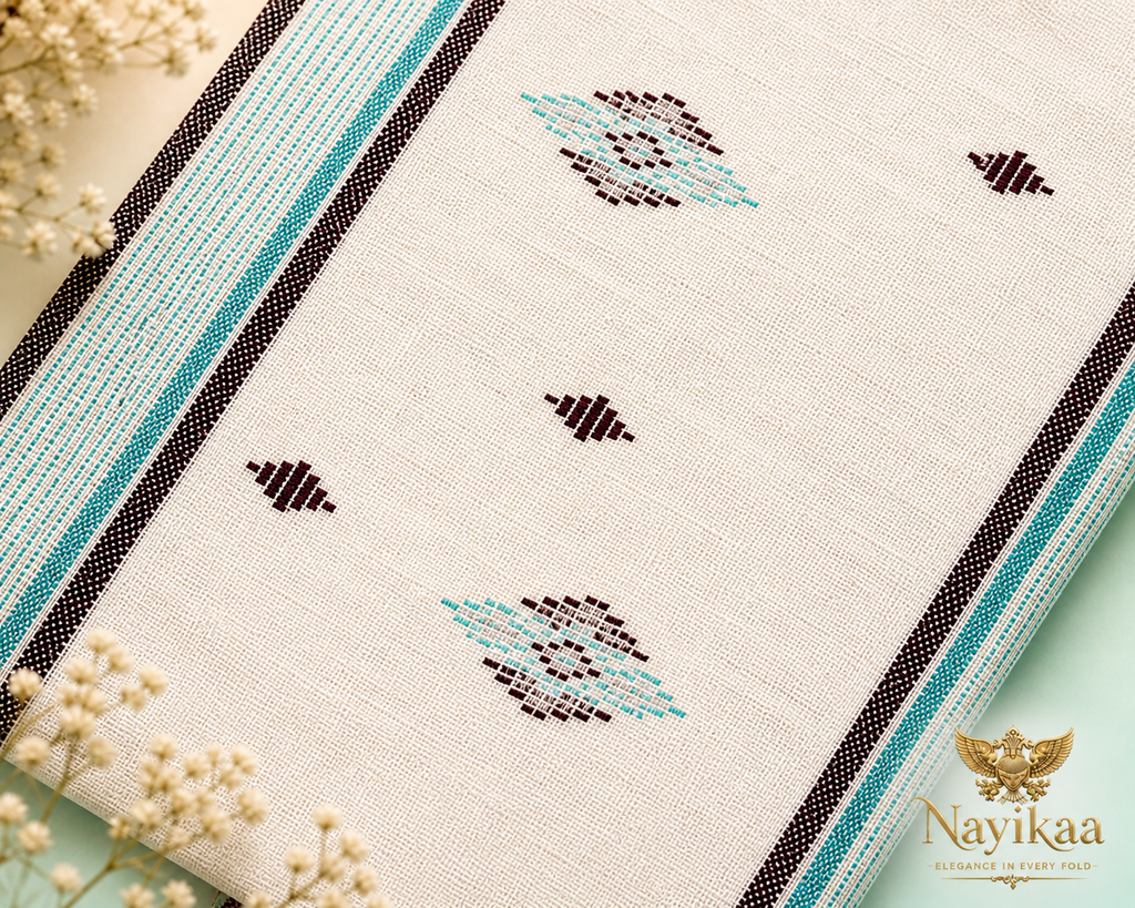 Bangladeshi Cotton Saree (White & Turquoise) | Handwoven Everyday Ethnic Wear
