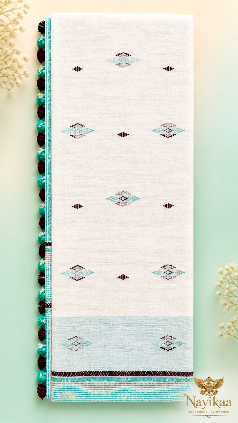 Bangladeshi Cotton Saree (White & Turquoise) | Handwoven Everyday Ethnic Wear
