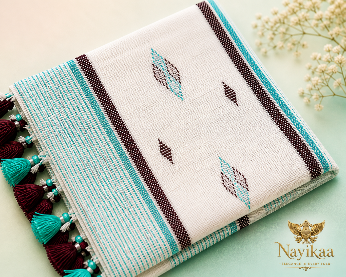 Bangladeshi Cotton Saree (White & Turquoise) | Handwoven Everyday Ethnic Wear