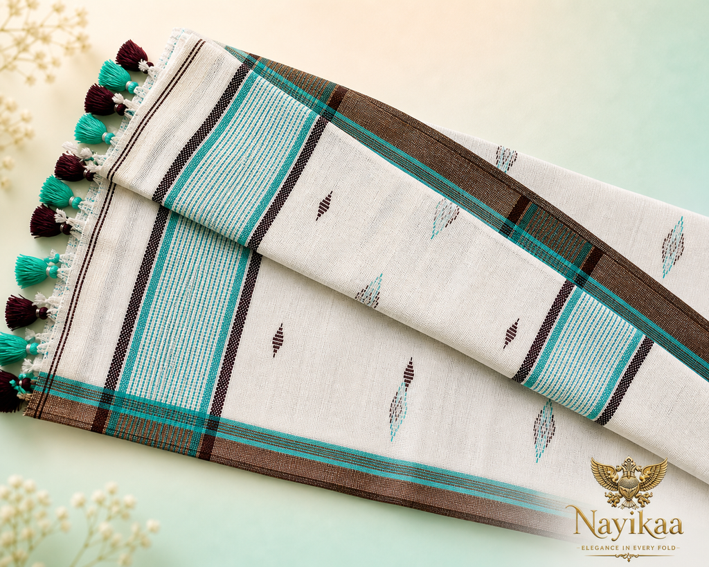 Bangladeshi Cotton Saree (White & Turquoise) | Handwoven Everyday Ethnic Wear