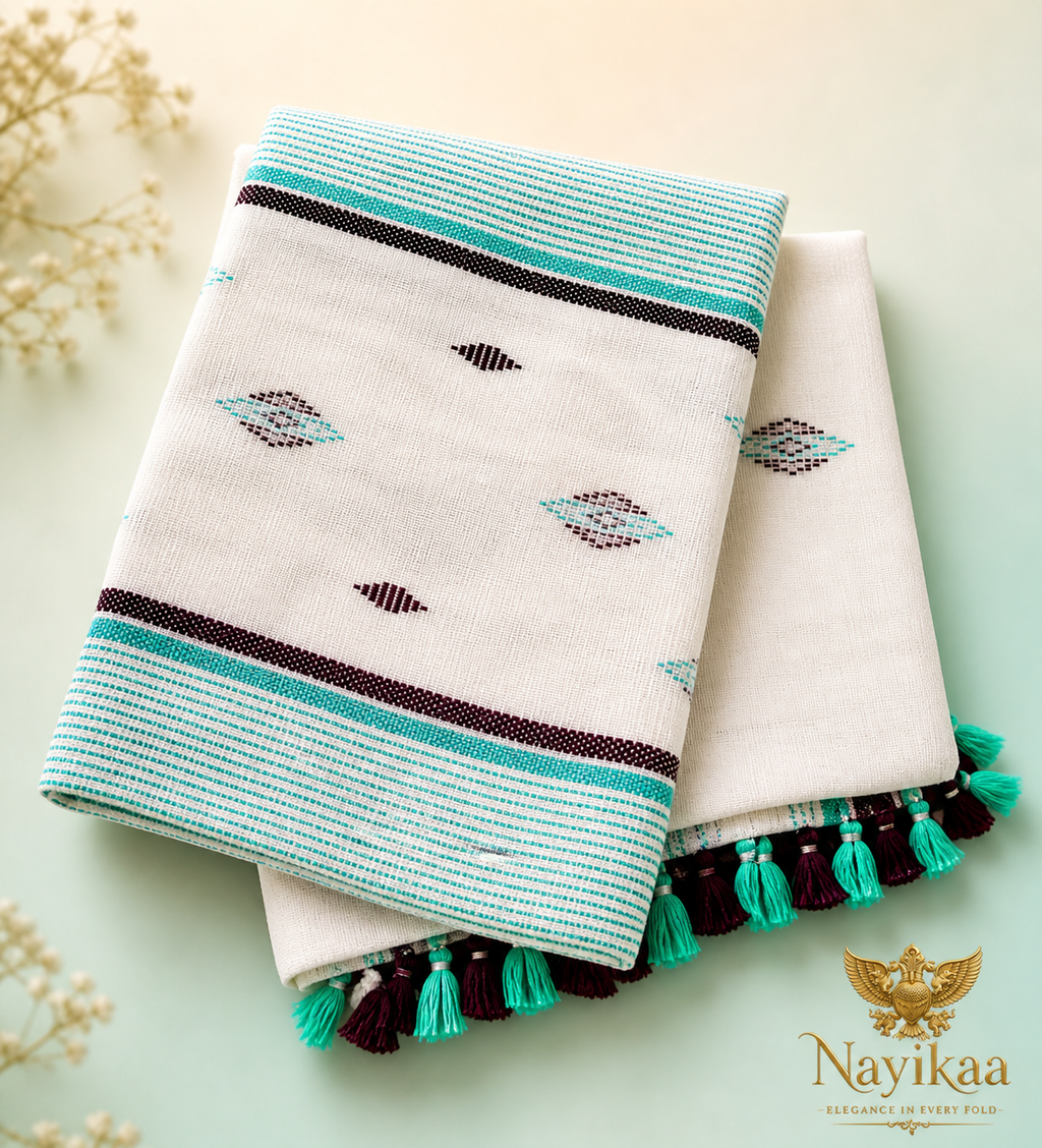 Bangladeshi Cotton Saree (White & Turquoise) | Handwoven Everyday Ethnic Wear