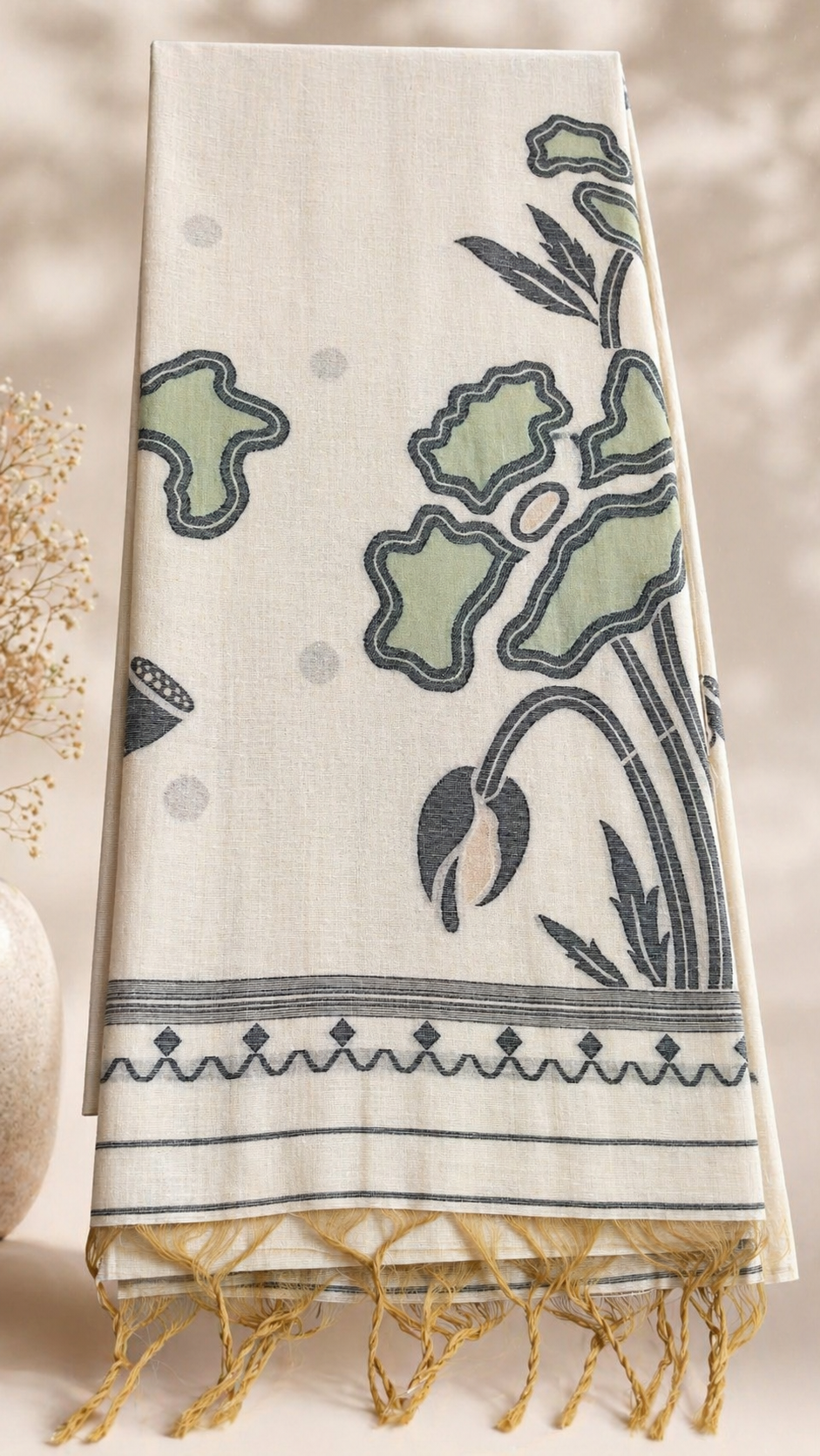 Cotton Silk Saree | Lightweight Handwoven Office Wear (Half White and Green)