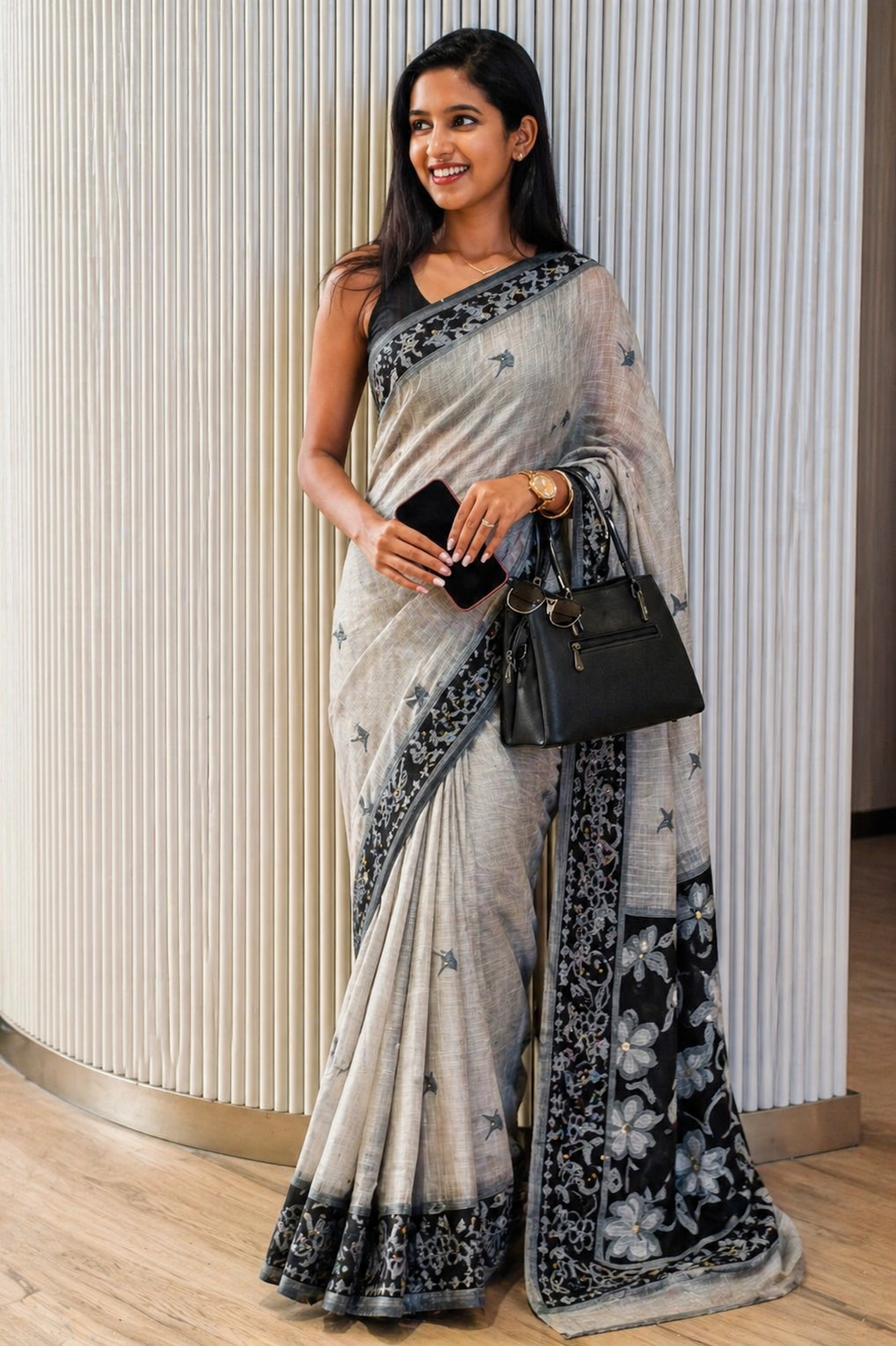 Cotton Silk Saree | Lightweight Handwoven Office Wear (Grey and Black)