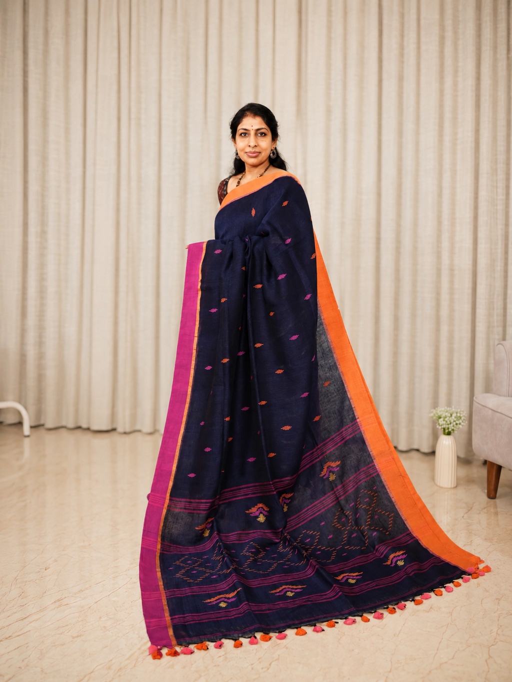Jamdani Linen Cotton Saree (Blue) | Breathable Everyday Elegance