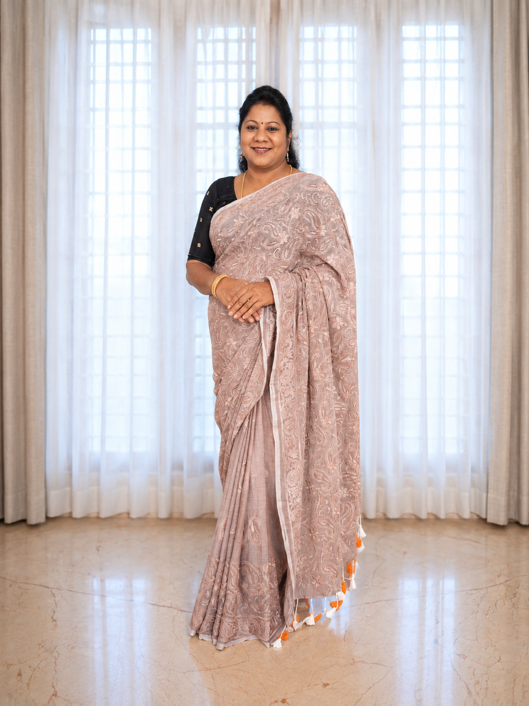 Chikankari Mul Cotton Saree - Brown