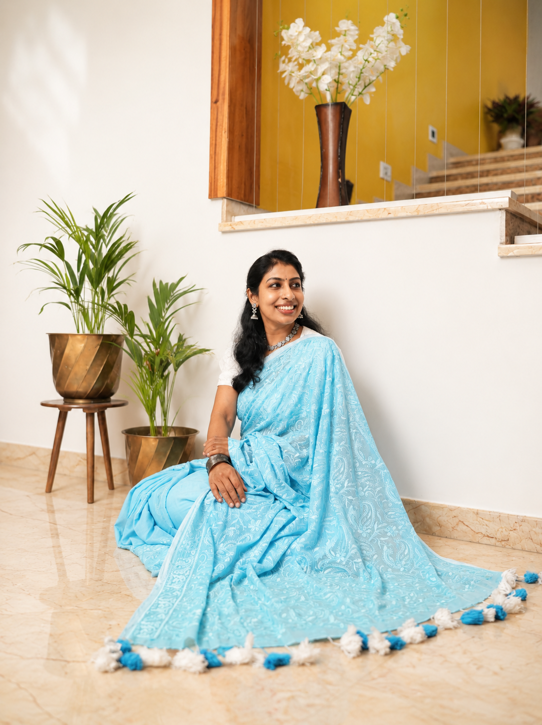 Chikankari Mul Cotton Saree - Blue
