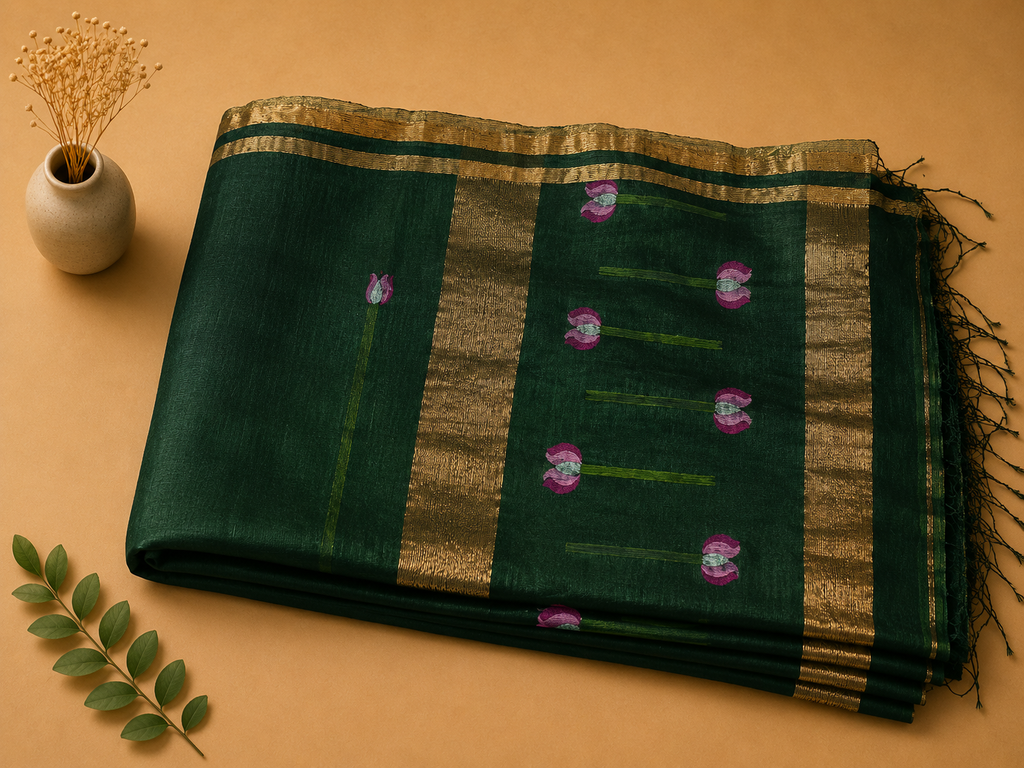 Matka Muslin Jamdani - Dark green with lotus